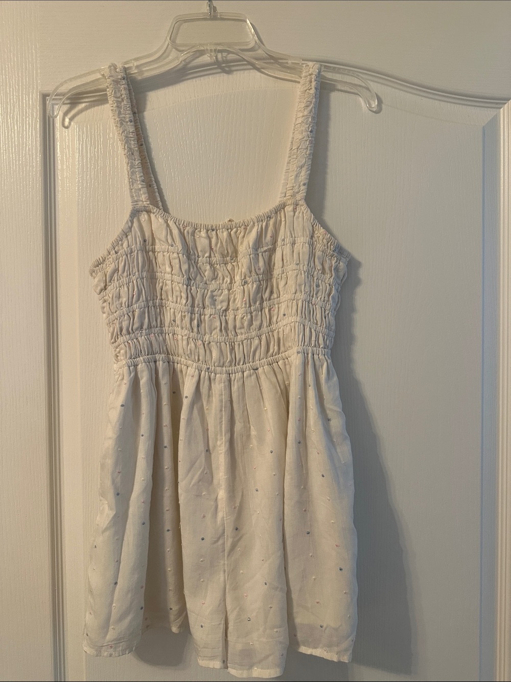 Cream Smocked Sundress romper with Delicate Dot Embroidery